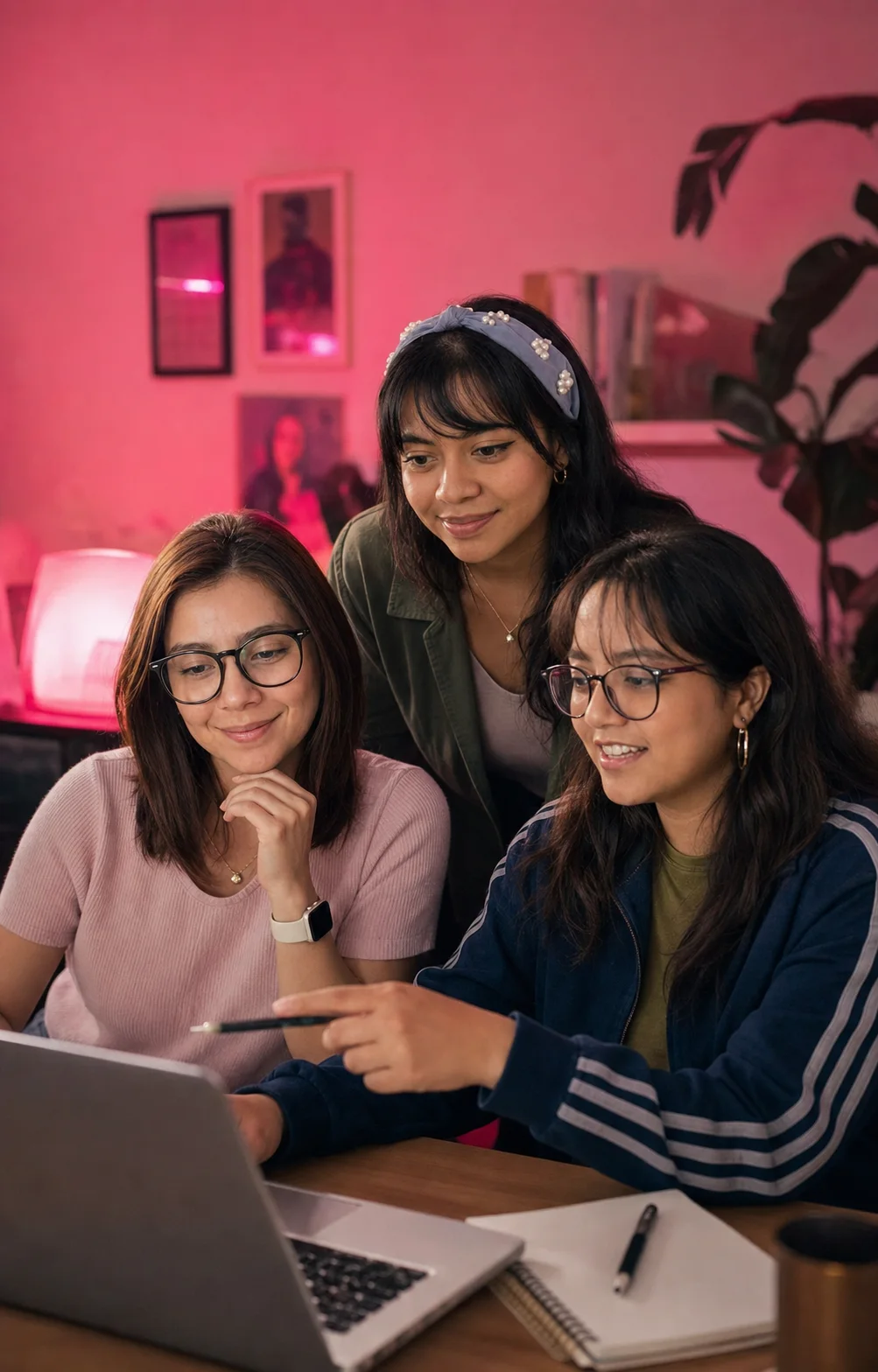 Tres integrantes de Simplixity revisan ideas alrededor de una laptop