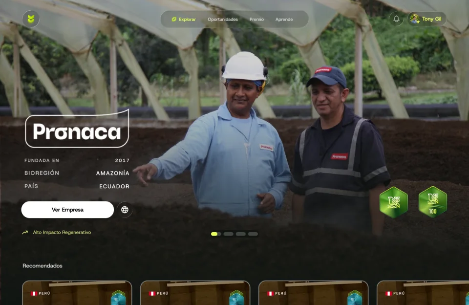 Vista de la plataforma Natura 500 mostrando el perfil de la empresa Pronaca