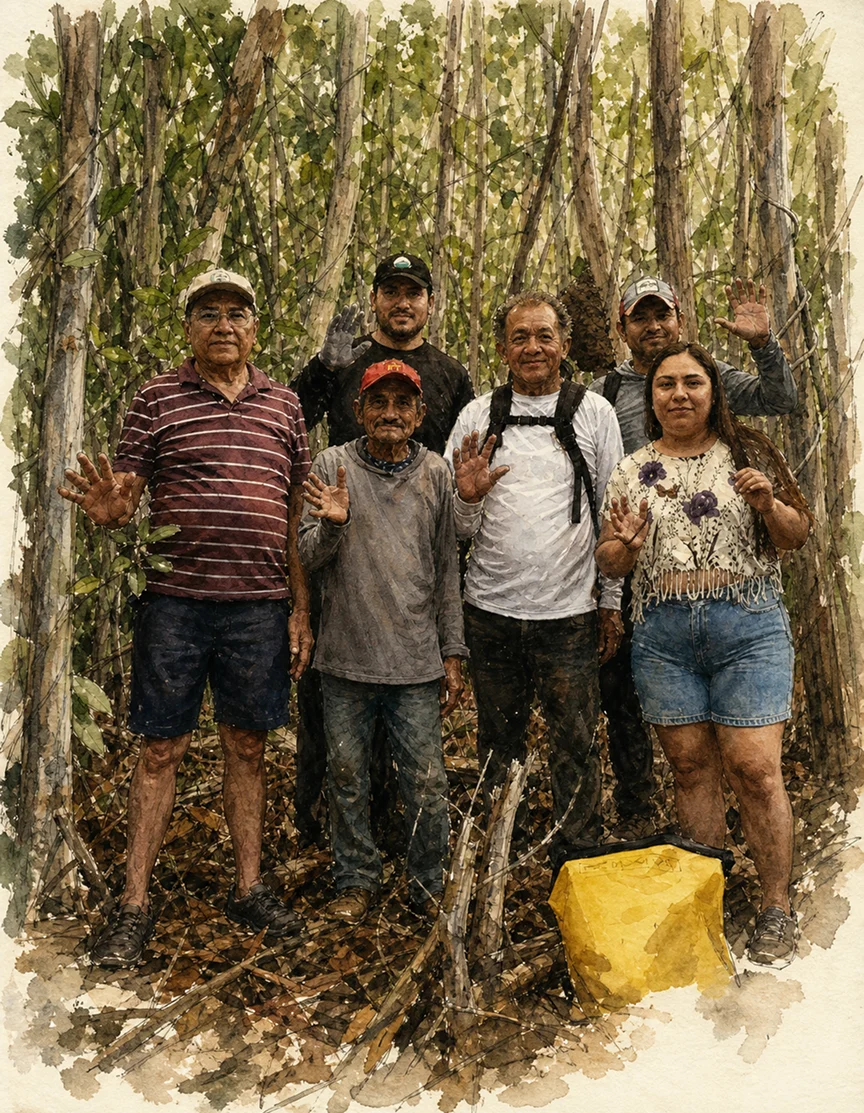 Acuarela de un equipo de campo con las manos cubiertas de tierra