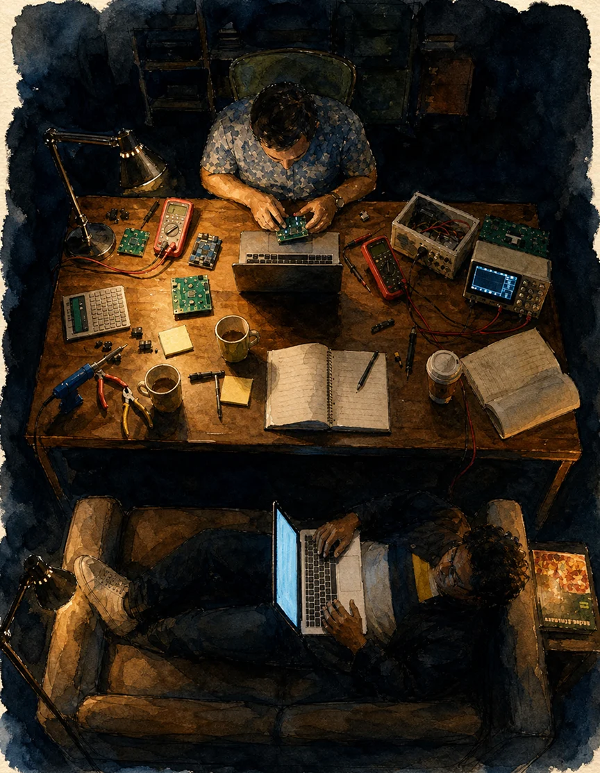 Acuarela de dos socios trabajando de noche entre computadoras, circuitos, libretas y tazas de café