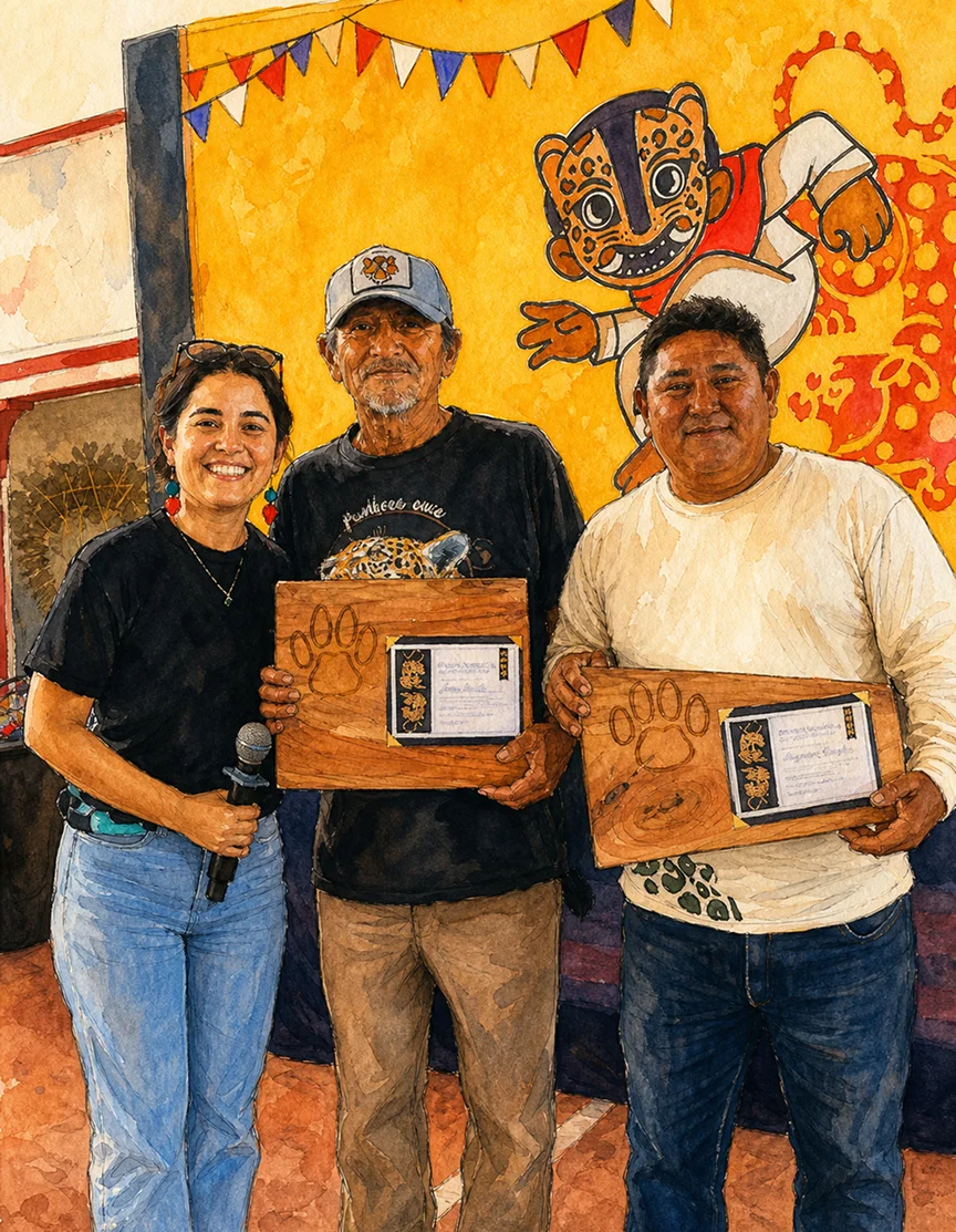 Tres integrantes del proyecto muestran reconocimientos con huellas de jaguar