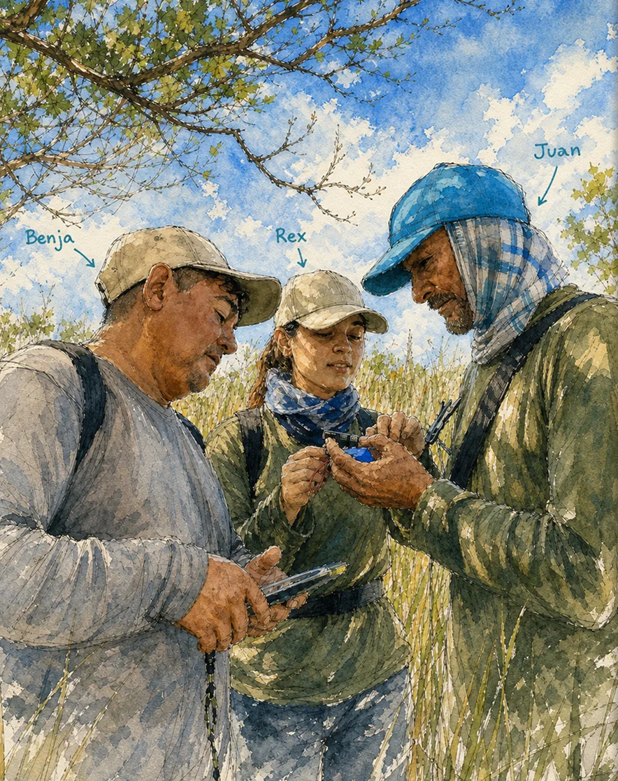 Benja, Rex y Juan revisan tecnología de monitoreo en el bosque