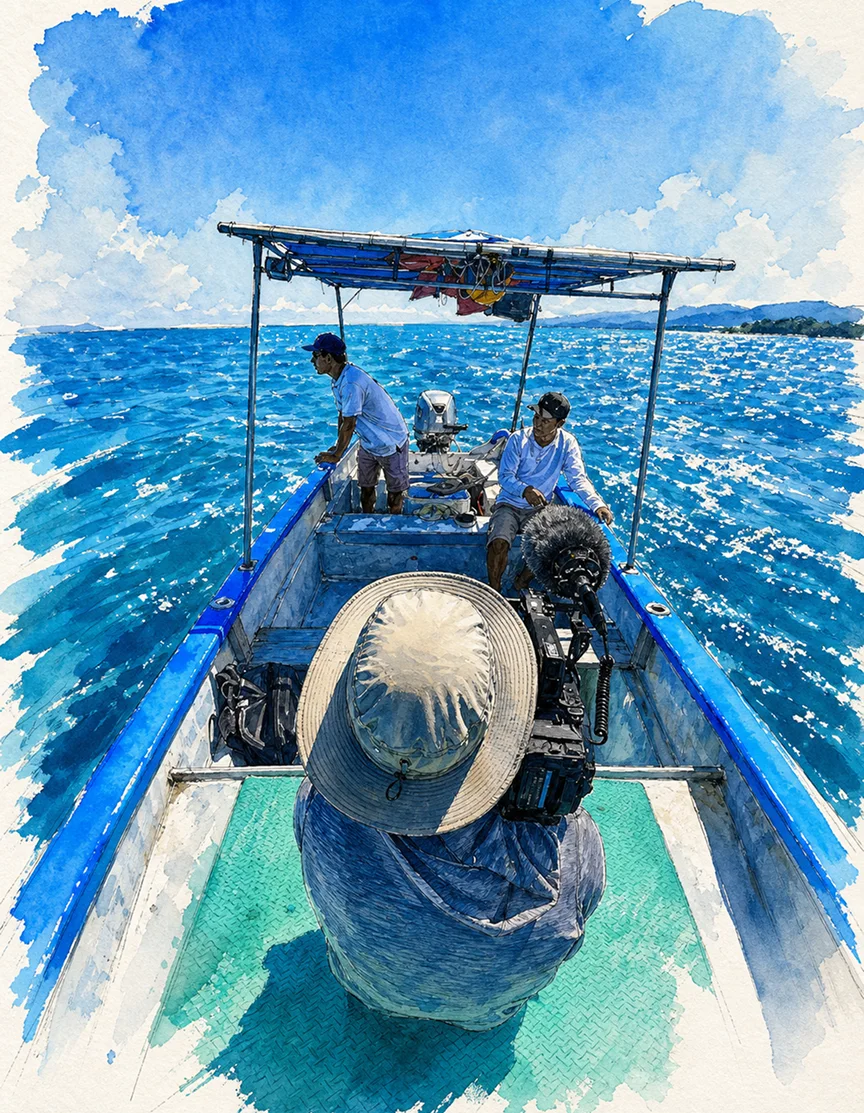 Ilustración en acuarela de un equipo navegando en una lancha sobre un océano azul