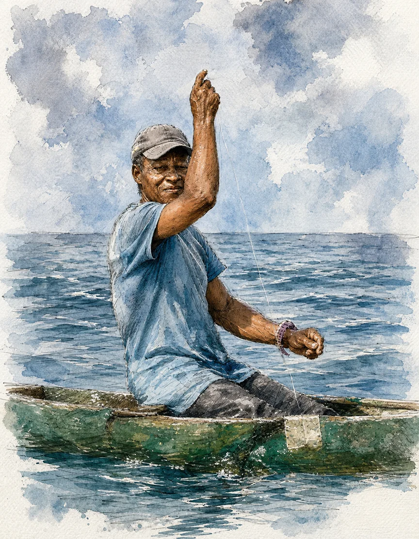 Ilustración en acuarela de un pescador trabajando desde una embarcación pequeña